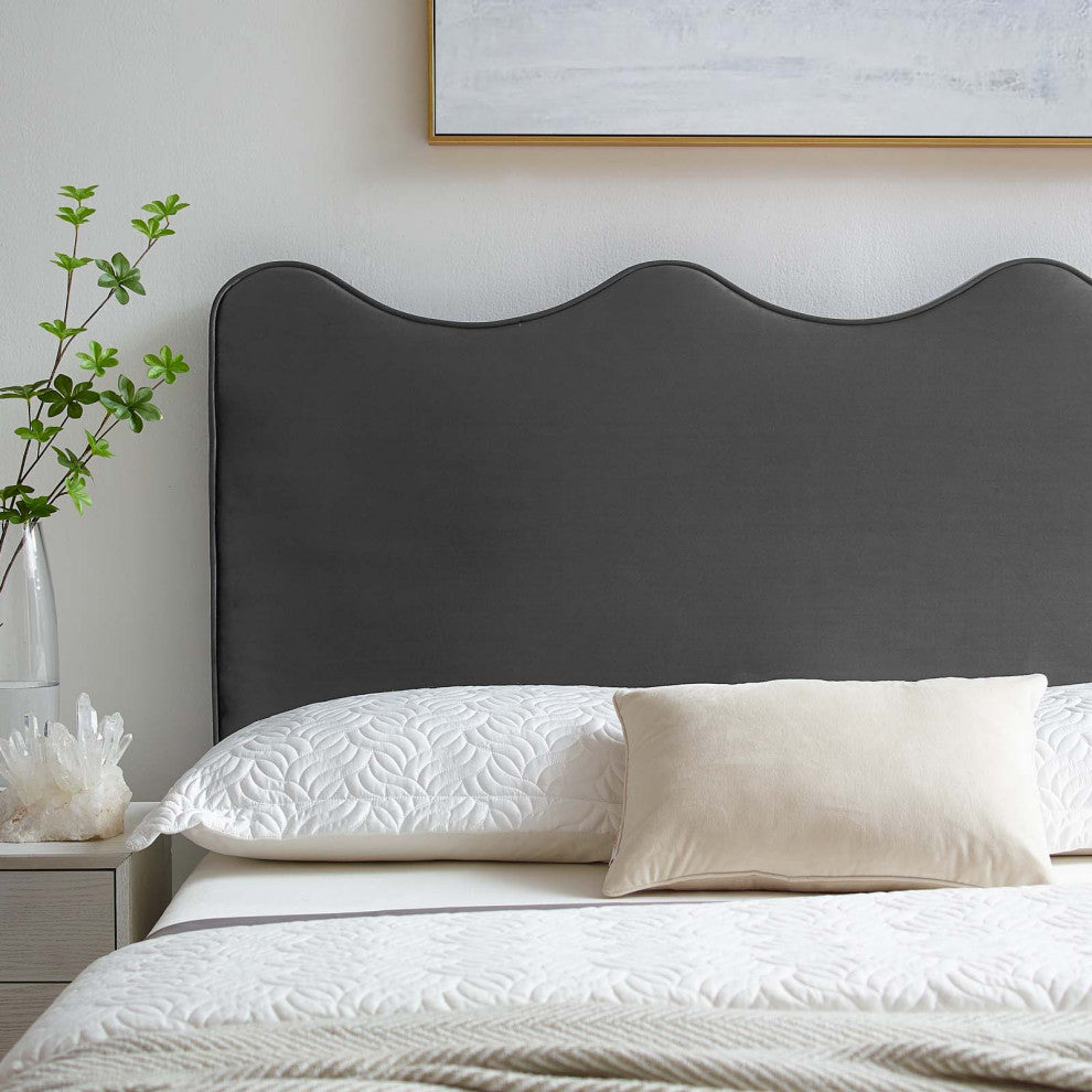 Headboard, Full Queen Size, Velvet, Dark Gray, Modern Contemporary, Bedroom