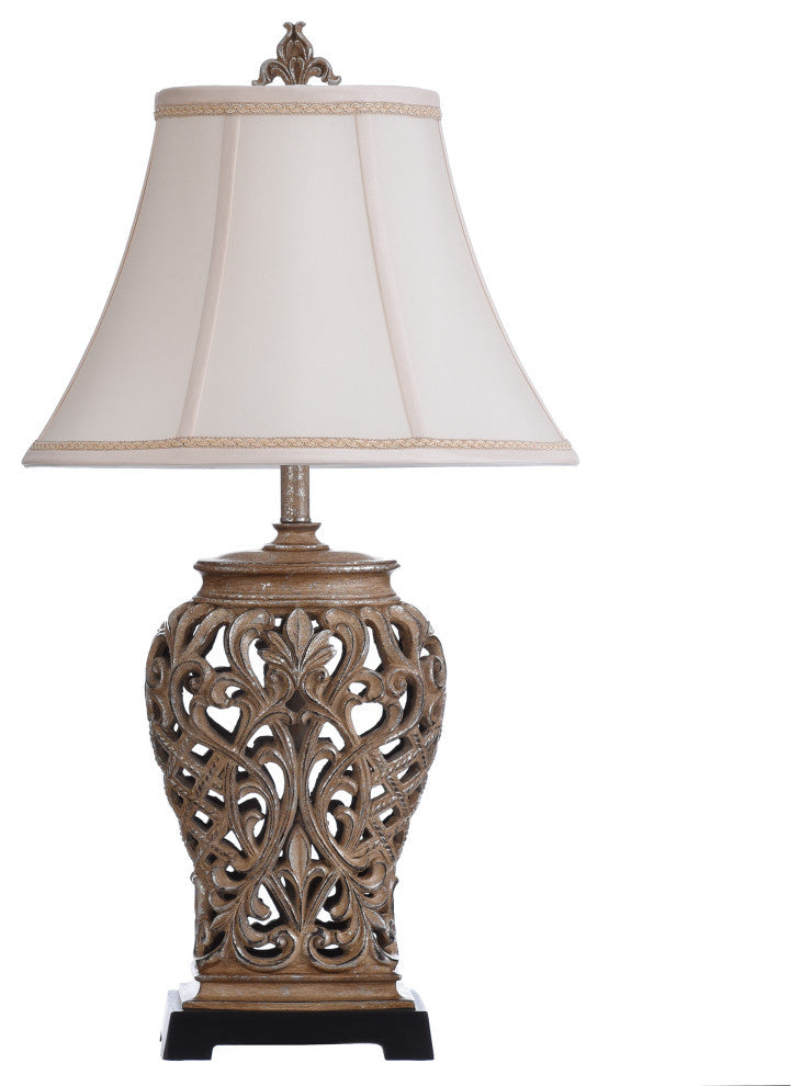 Traditional Table Lamp Open Lace Scroll, Savoy Silver Textile Shade
