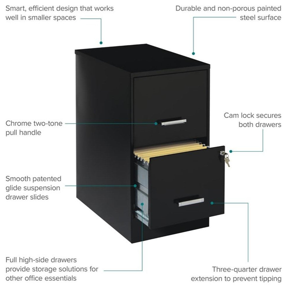 Space Solutions 22" Deep 2 Drawer Metal File Cabinet in Black