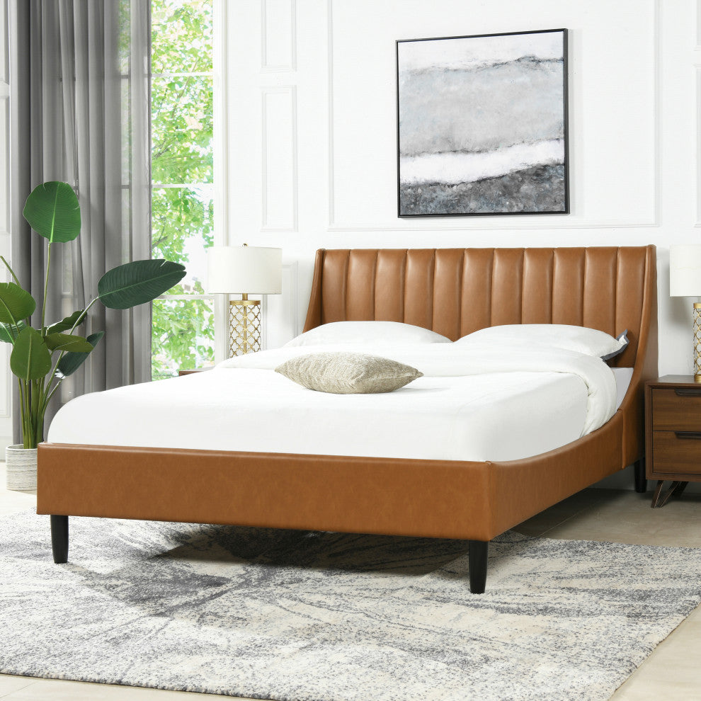Aspen Modern Vertical Tufted Upholstered Platform Bed, Caramel Tan Brown Faux Leather, Queen