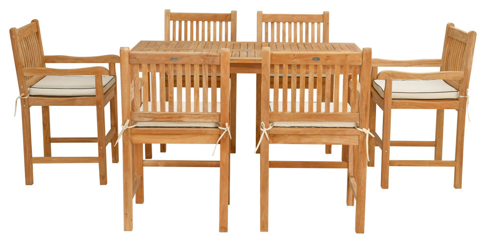 7 Piece Teak Elzas 63" Rect Bistro Counter Set, 6 Counter Stools, Arms