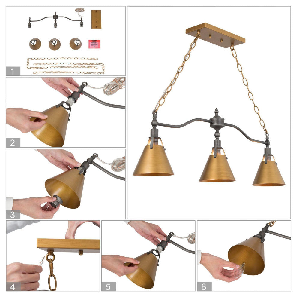 3-Lights Antique Gold and Gray Contemporary LED Kitchen Island Lamp