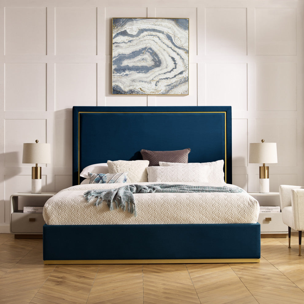 Inspired Home Marceline Bed Upholstered, Navy Velvet Queen