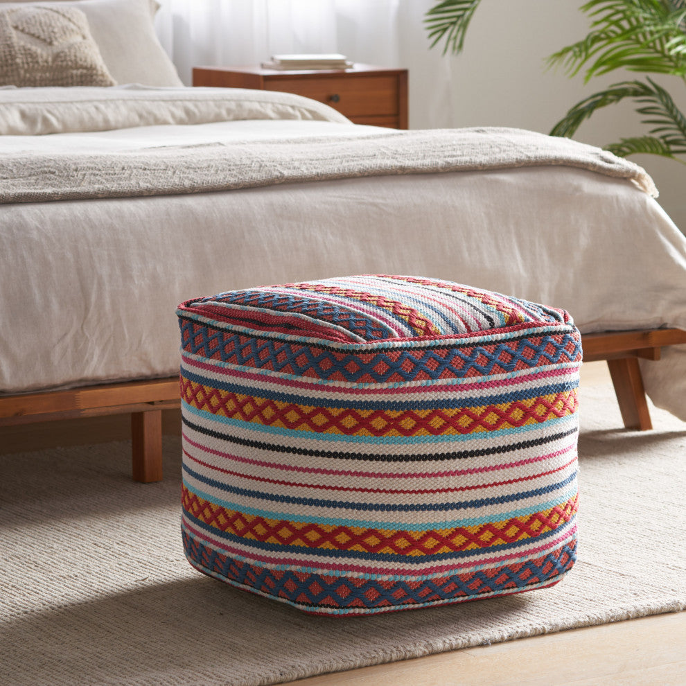 Hilliard Boho Handcrafted Peruvian Print Cube Pouf, White + Yellow + Red Multi Color