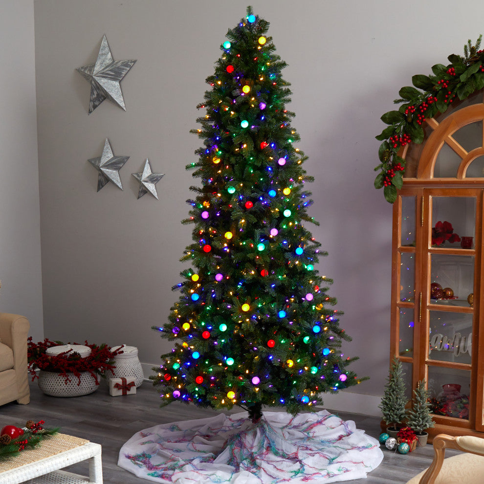 8.5' Montana Mountain Fir Faux Xmas Tree W/Multicolor Lights & Globe Bulbs