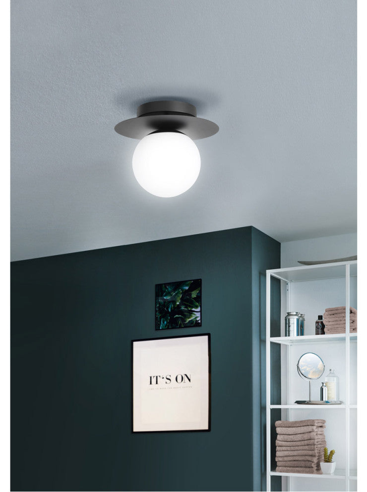 Arenales 1-Light Ceiling Light, Structured Black, White Opal Glass Shade