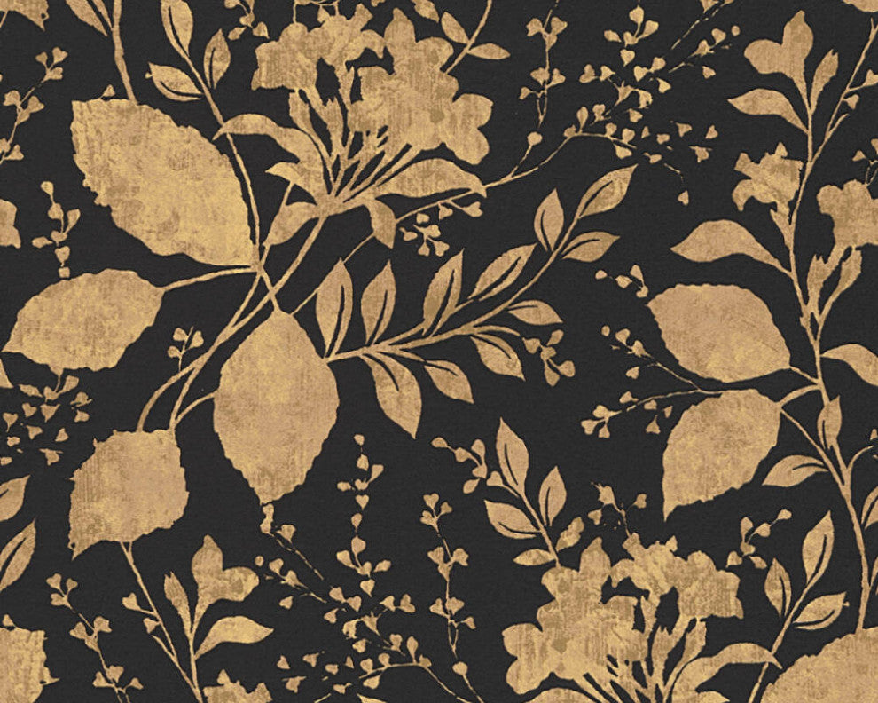 Floral Textured Wallpaper Flowers Leaves Plants, 329863, Black Gray, Sample