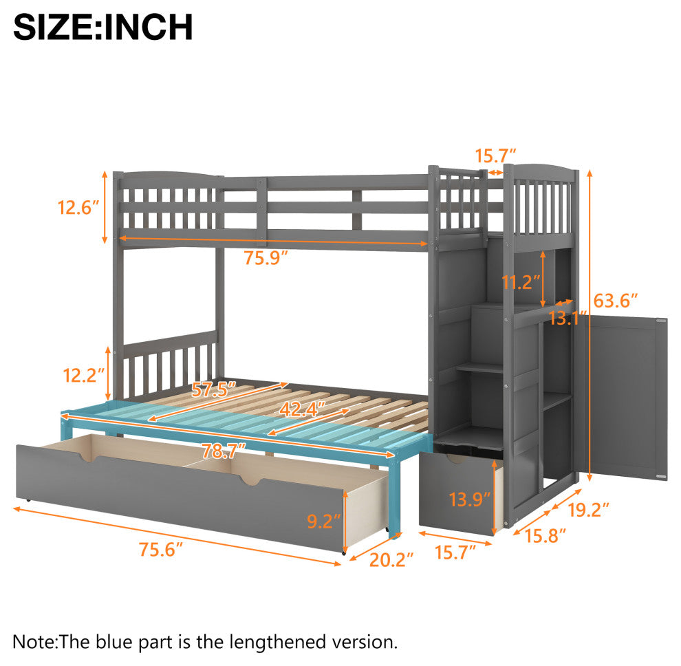 Twin over Full/Twin Bunk Bed, Convertible Bottom Bed, Storage Shelves, Gray
