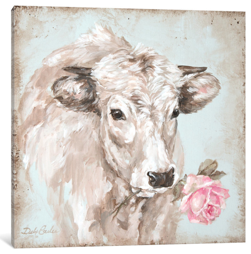 "Cow With Rose II" by Debi Coules, Canvas Print, 18"x18"