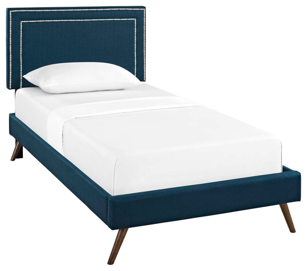 Virginia Twin Fabric Platform Bed With Round Splayed Legs, Azure