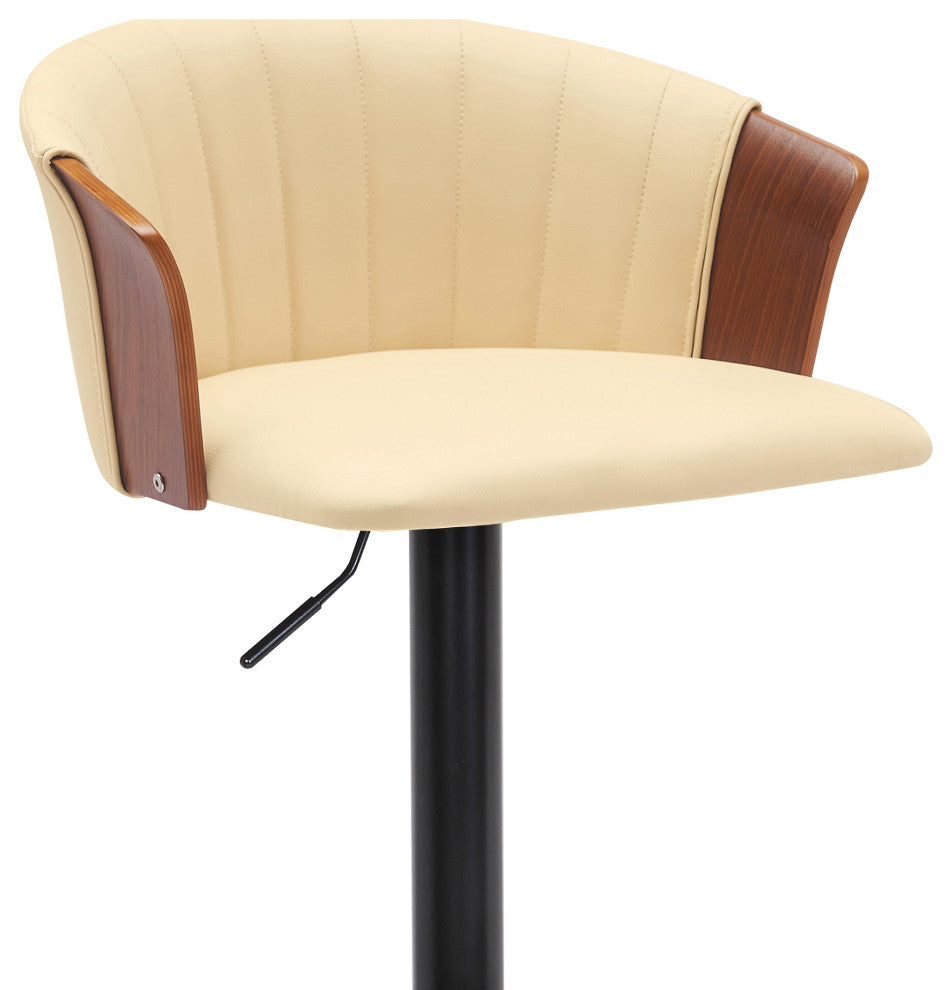 Lydia Adjustable Walnut Wood Bar Stool, Cream Faux Leather With Black Metal, Cream Faux