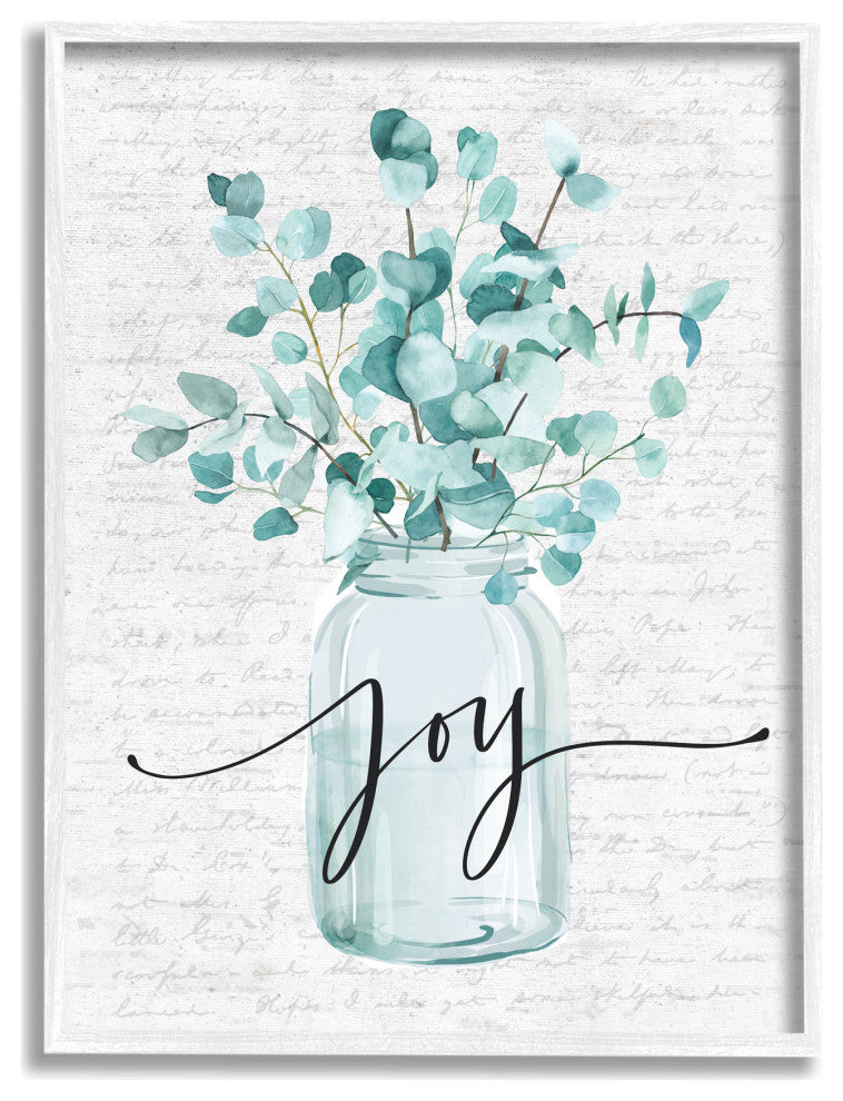 Aqua Blue Plant Leaves In Jar Joy Text Design, 24 x 30