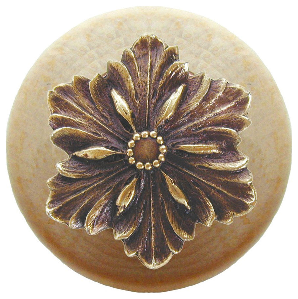 Opulent Flower Natural Wood Knob, Clear Finish With Antique-Style Brass
