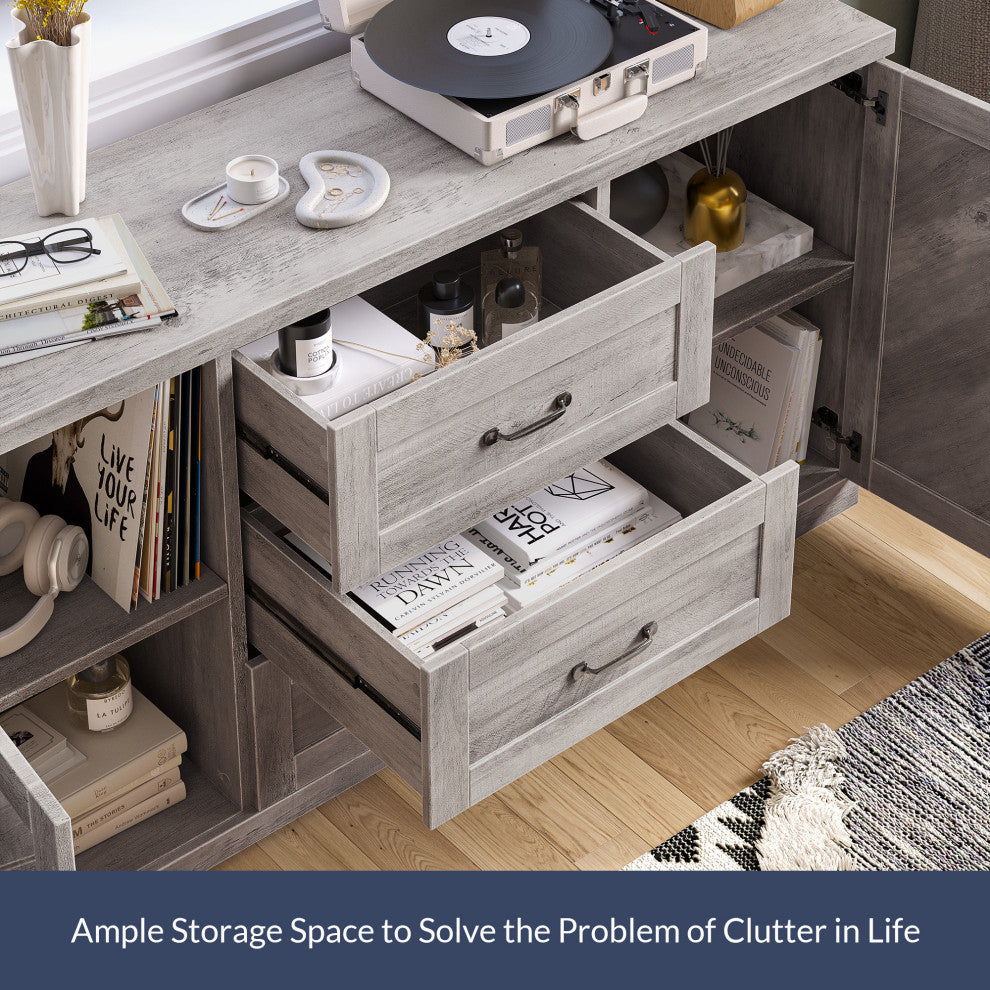 Sideboard, Console Table Or Buffet With Three Drawers & Four Shelves, Gray Wash