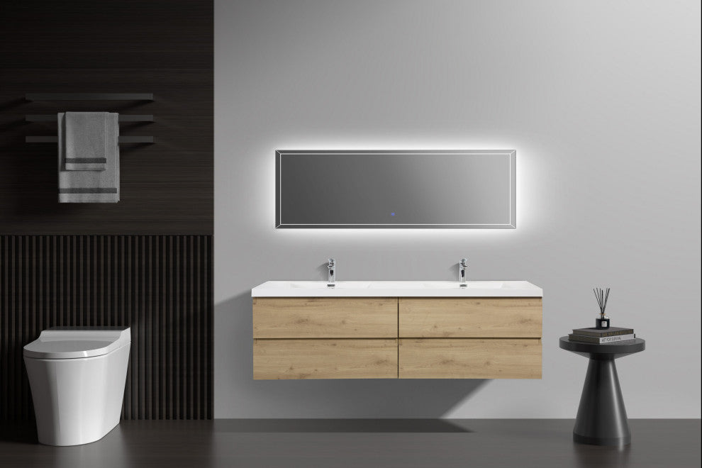 Aurora Wall Mount Vanity, White Acrylic Top, Sonoma Oak, 72" Double