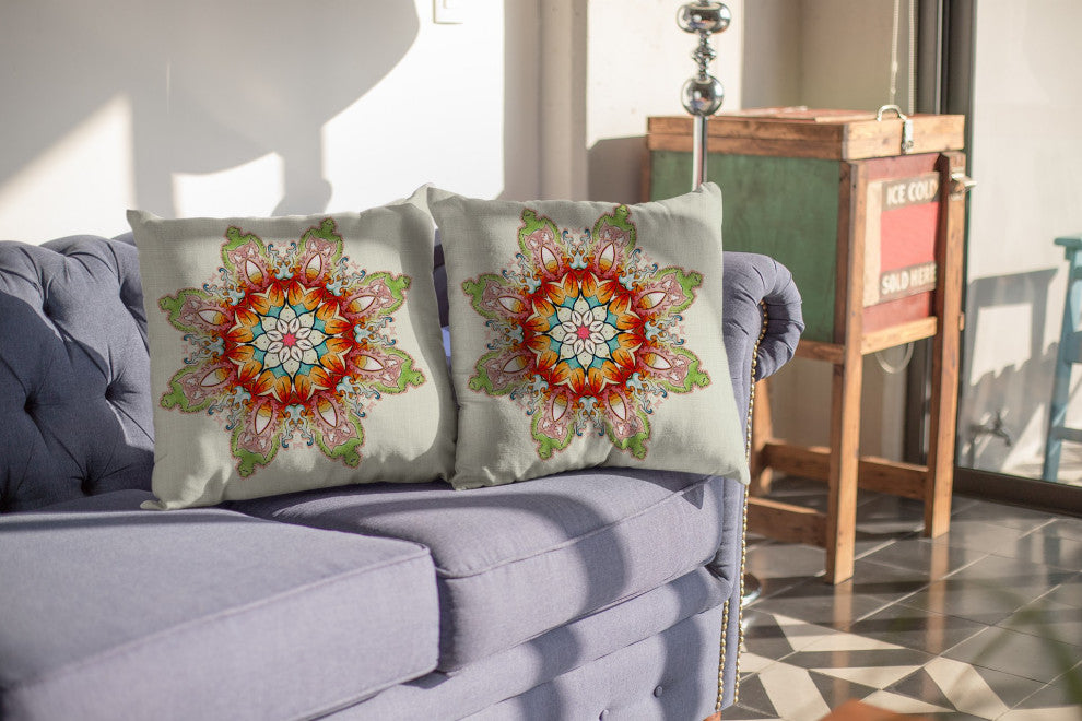 20" Orange Green Mandala Decorative Suede Throw Pillow