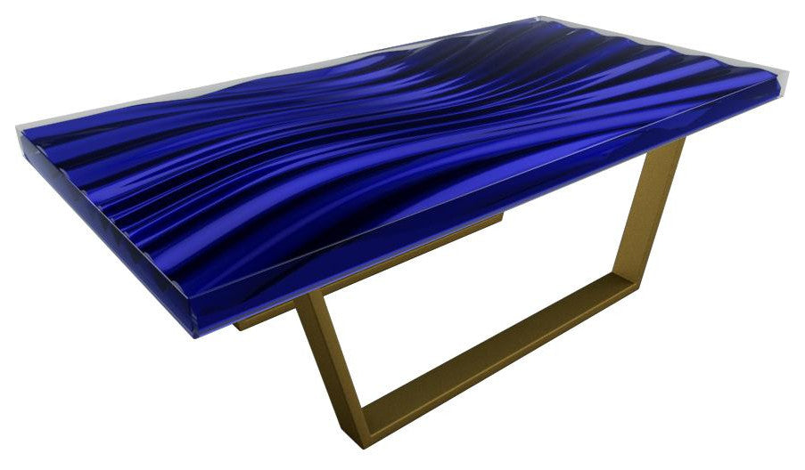 Modern Wave Coffee Table, Blue, Bronze Base