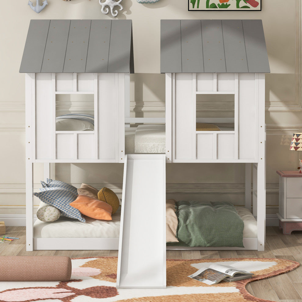 Gewnee Wood Twin Over Twin Bunk Bed House Bed in White
