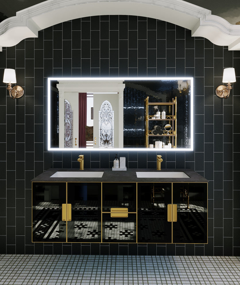 Solaria Glass Facade Floating Vanity, 60", Rustic Porcelain Top, Double Sink