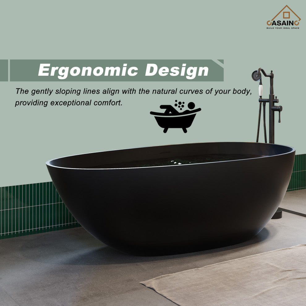 59in Solid Surface Freestanding Bathtub in Matte Black, Matte Black