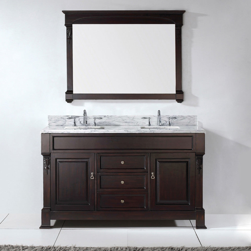 Virtu Huntshire 60" Double Bathroom Vanity, Dark Walnut With Faucet and Mirror