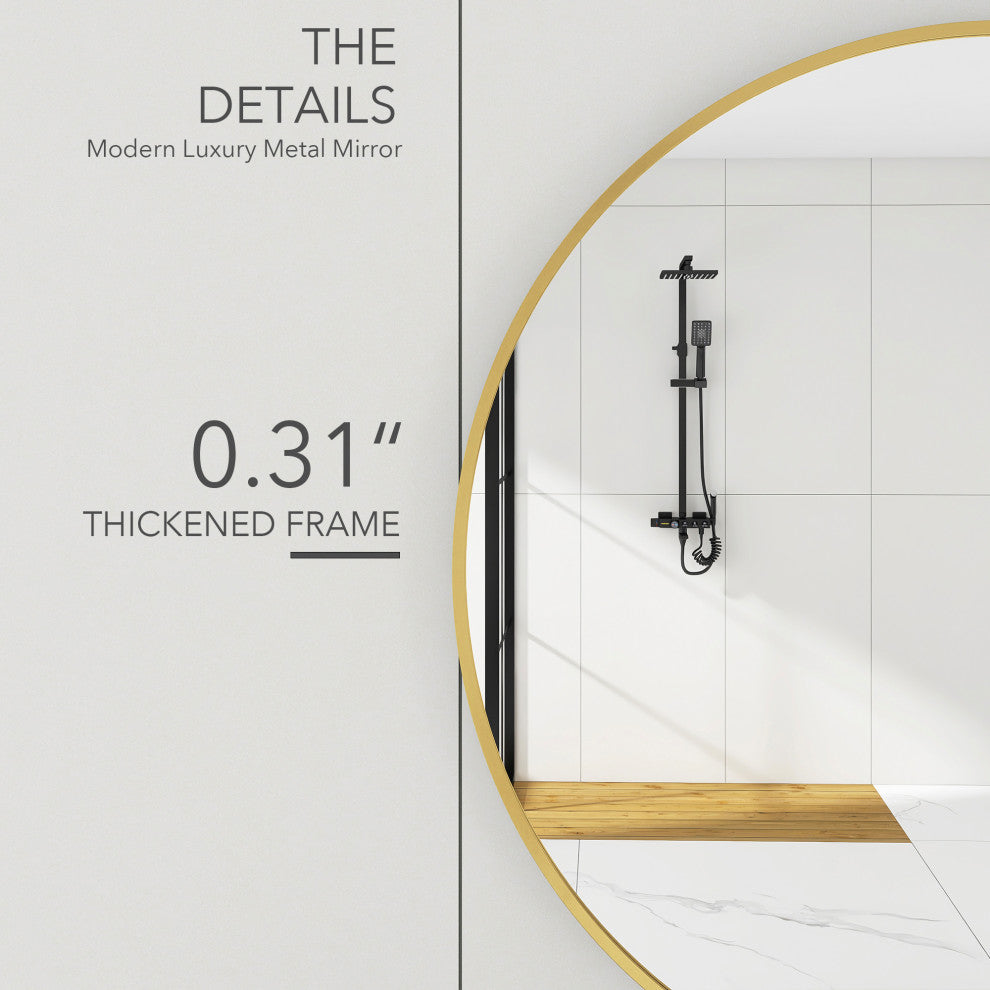1.57" Wx31.5" H Round Framed Wall Mounted Bathroom Vanity Mirror, Brushed Gold