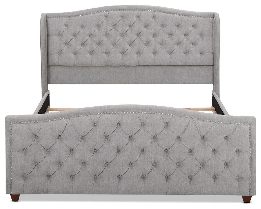 Marcella Upholstered Tufted Shelter Wingback Panel Bed, Silver Grey Polyester, King