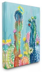 Bold Bright Blue Abstract Cacti Painting Oversized Stretched Canvas, 24"x30"