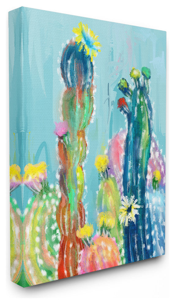 Bold Bright Blue Abstract Cacti Painting Oversized Stretched Canvas, 24"x30"