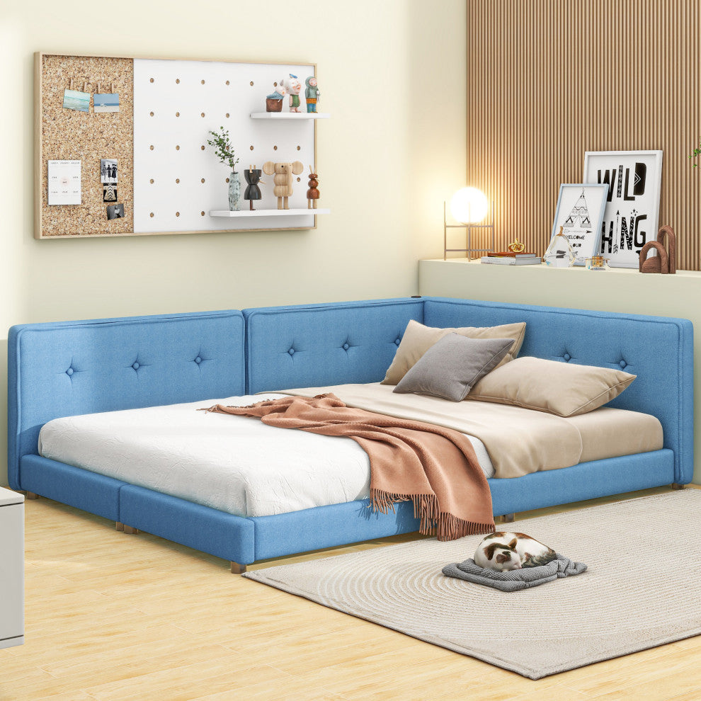 Gewnee Upholstered Full Size platform bed with USB Ports, Blue