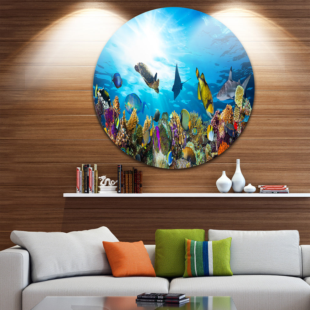 Colorful Coral Reef With Fishes, Seascape Photo Round Wall Art, 36"