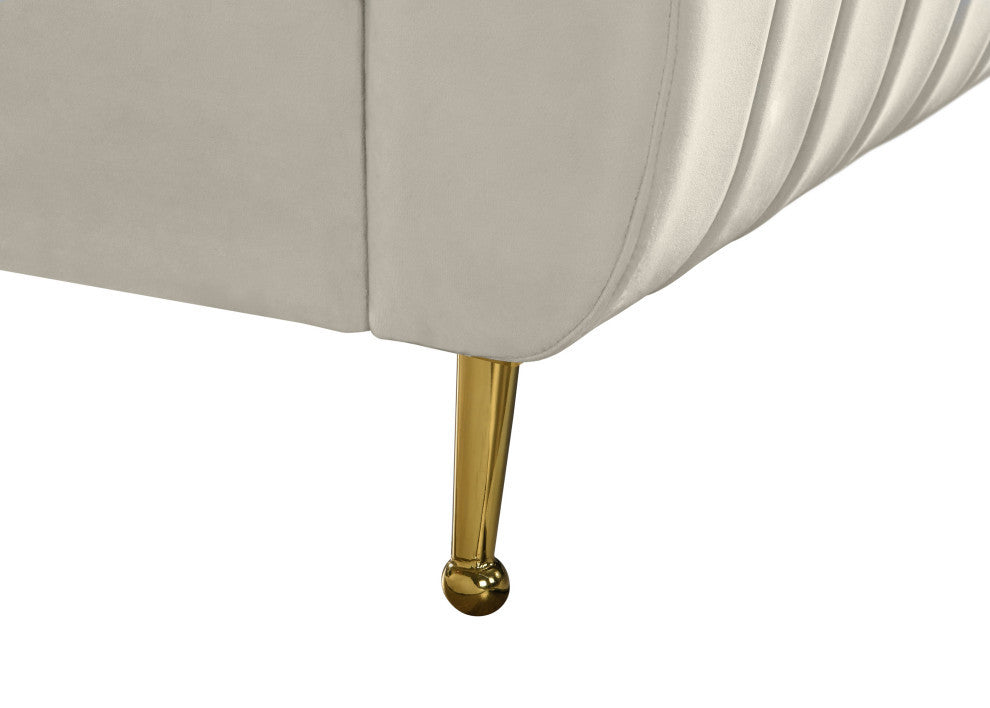 Zara Channel Tufted Velvet Upholstered Bed With Custom Gold Legs, Cream, Full