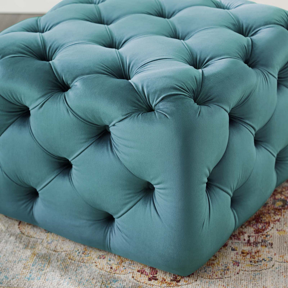Tufted Accent Chair Ottoman, Square, Velvet, Blue, Modern, Lounge Hospitality