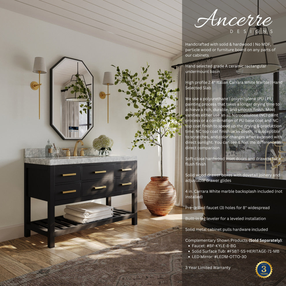 Arcadia Bath Vanity, Black Onyx, 48", Gold Hardware, Single, Freestanding
