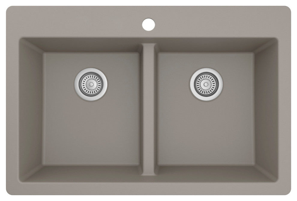Karran 33" Top Mount Double Equal Bowl Quartz Kitchen Sink, Concrete