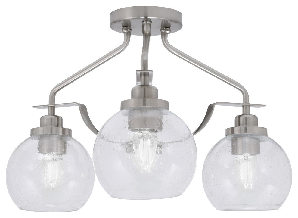 Odyssey 3 Light Semi Flush Mount, Brushed Nickel, 5.75" Clear Bubble Glass