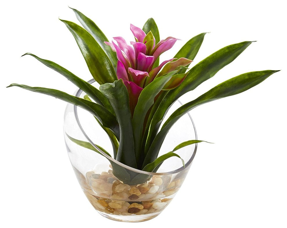 8" Tropical Bromeliad, Angled Vase Artificial Arrangement, Purple