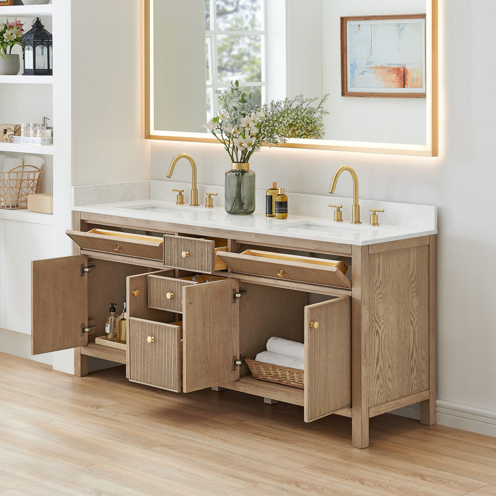 Cerrito Bathroom Vanity, Natural Oak, 72" Double, without Mirror