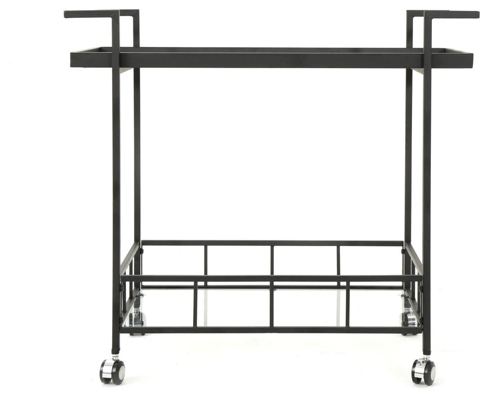 GDF Studio Brose Indoor Black Iron Bar Cart With Tempered Glass Shelves