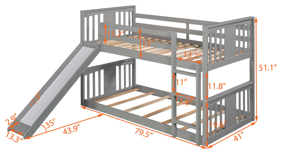 Gewnee Twin Over Twin Bunk Bed with Slide and Ladder in Gray