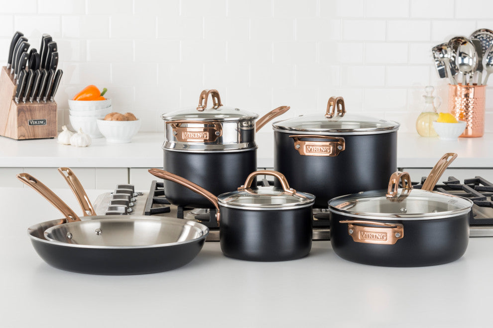 3-Ply 11-Piece Cookware Set, Black With Copper PVD Handle