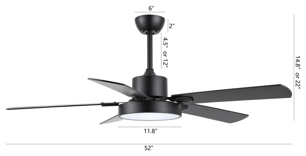 52" Modern 5-Blade Black Ceiling Fan With LED Light Kit and Remote