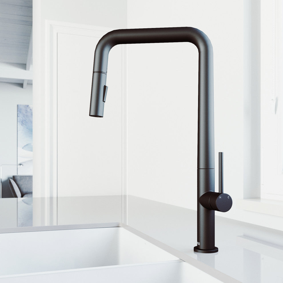 VIGO Parsons 18" H Single Handle Pull-Down Sprayer Kitchen Faucet, Matte Black, Without Extras