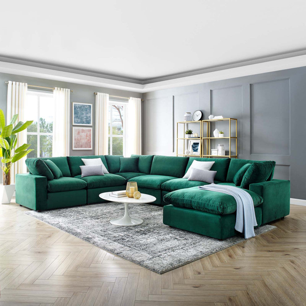 Commix Down Filled Overstuffed Performance Velvet 7-Piece Sectional Sofa Green