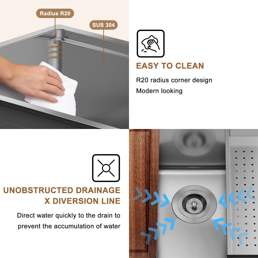 31in Undermount Kitchen Sink Single Bowl 18 Gauge Stainless Steel Workstation