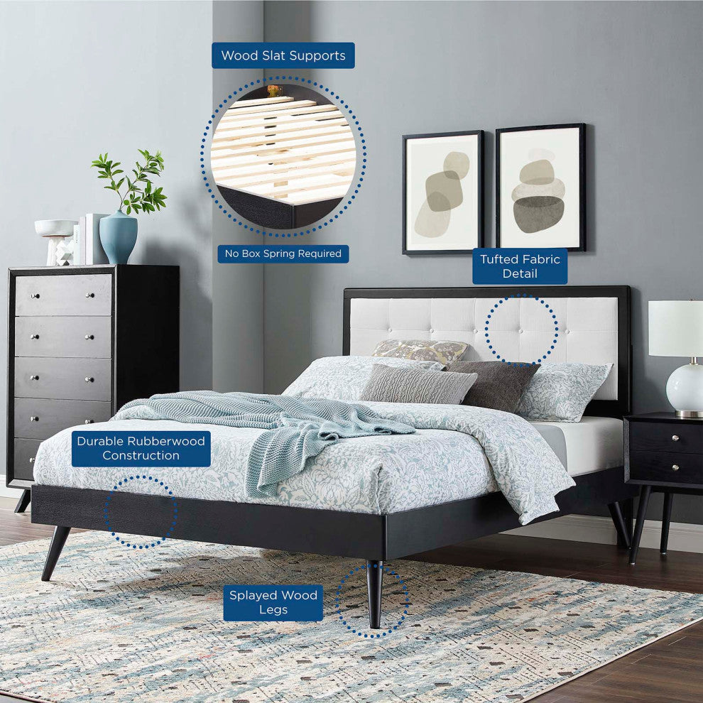 Platform Bed Frame, Queen Size, Fabric, Wood, Black White, Modern Mid-Century