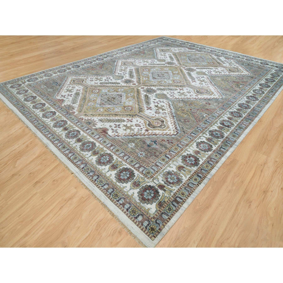 Pearl White Hand Knotted Unique Flower Rosettes Border Oversized Rug 13'8"x17'9"
