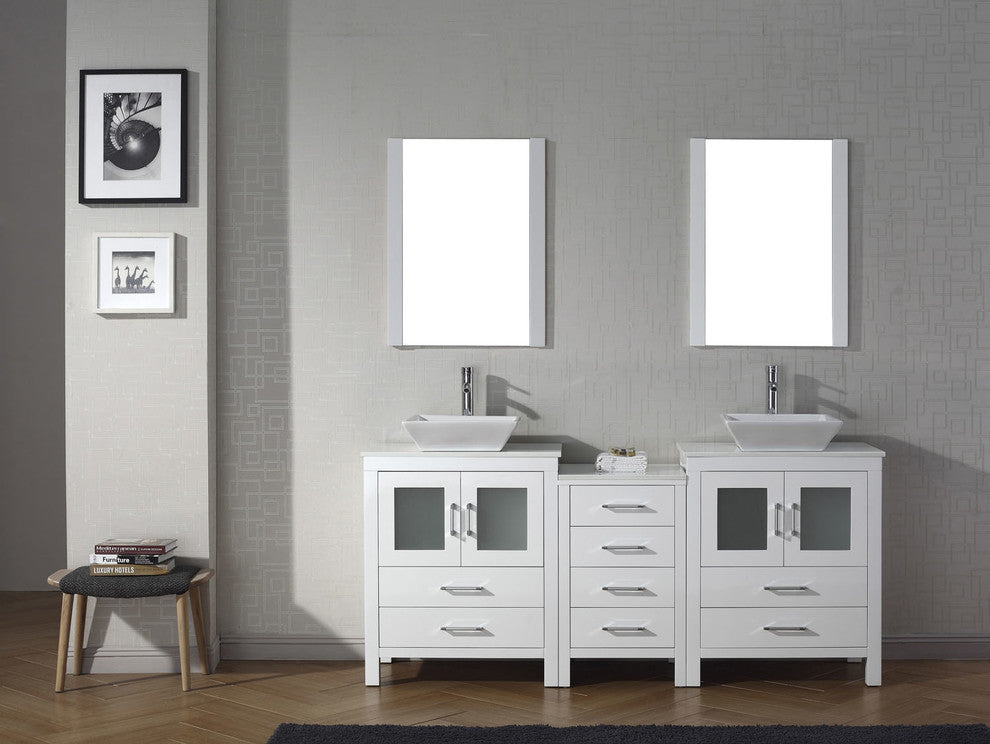 Virtu Dior 74" Double Bathroom Vanity, White With Faucet and Mirrors