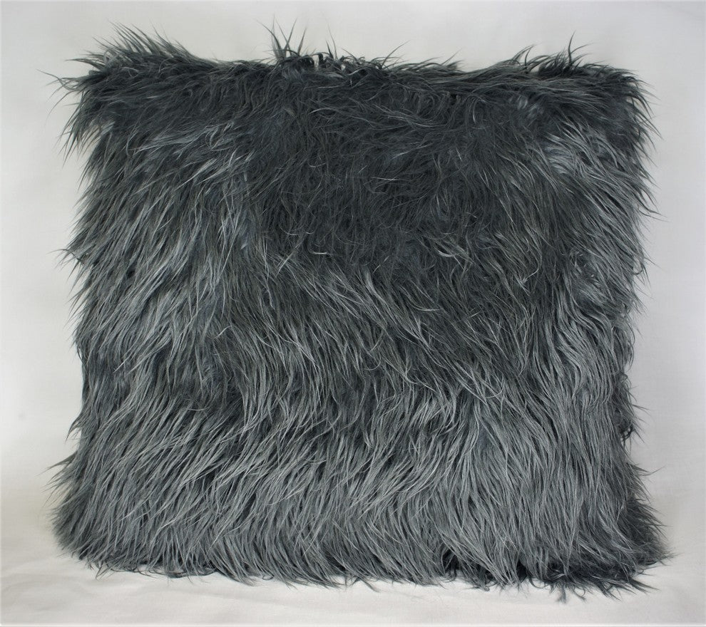 Faux Fur Grey Mongolian Sheepskin Decorative Throw Pillow, 22"x22"