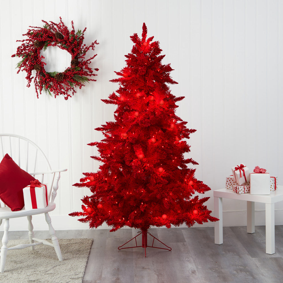 6' Red Flocked Fraser Fir Faux Xmas Tree W/Red Lights, Bulbs & Bendable Branches